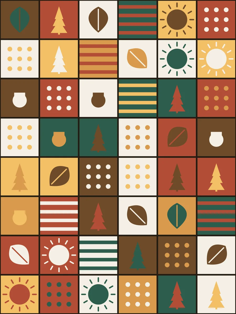 Autumn Patchwork jigsaw puzzle art, A cozy quilt of pines, leaves, suns, and acorns in fall colors.