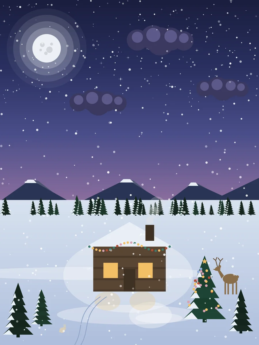 Christmas Cabin full artwork, Snow falling on a lit cabin, a decorated tree, and one curious deer.