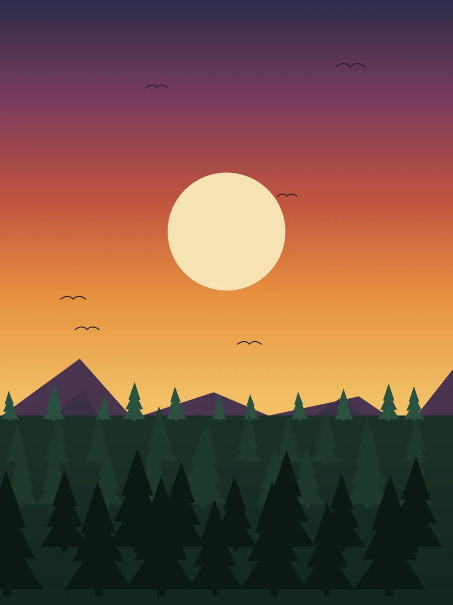 Evening Pines jigsaw puzzle art, A warm dusk over quiet ridgelines and three rows of pines.