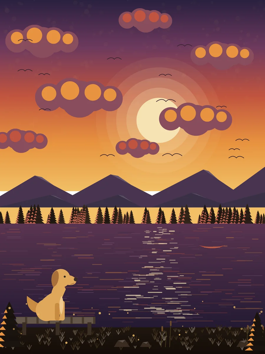 Golden Hour full artwork, A golden retriever on the dock, watching the sun slip into the lake.