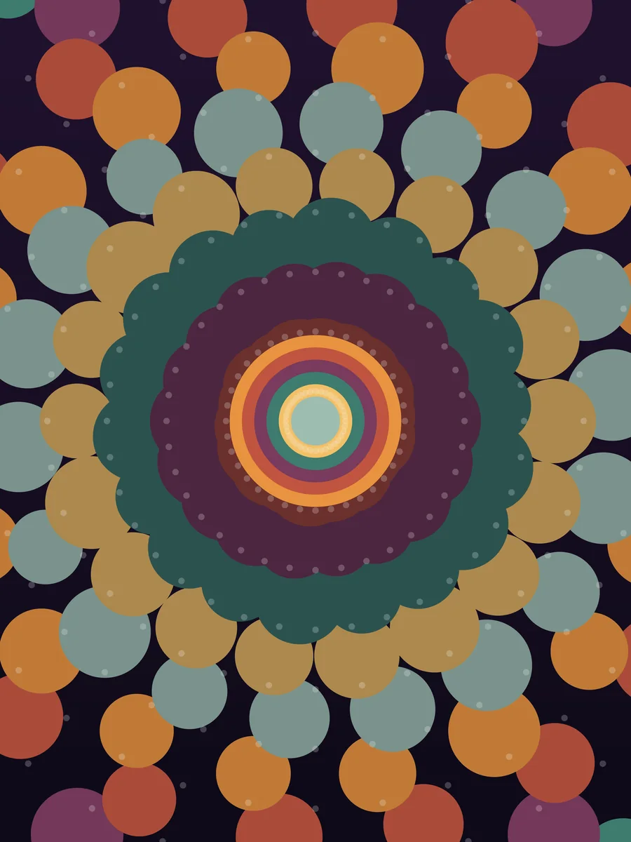 Kaleidoscope Bloom jigsaw puzzle art, Eighteen-fold symmetry in honey, rose, and pine.