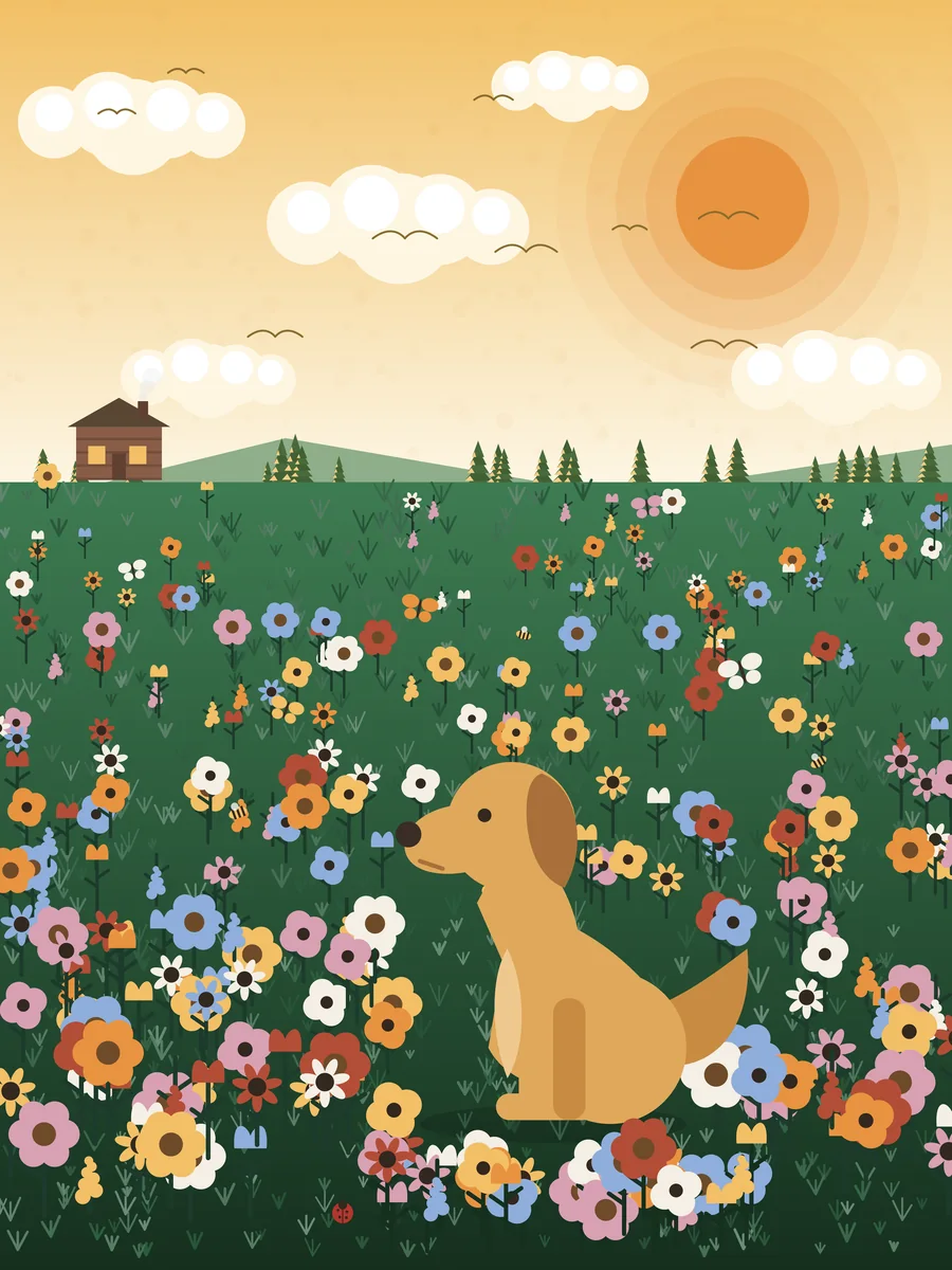 Meadow Golden full artwork, Our golden, chest-deep in a hundred wildflowers and completely unbothered.