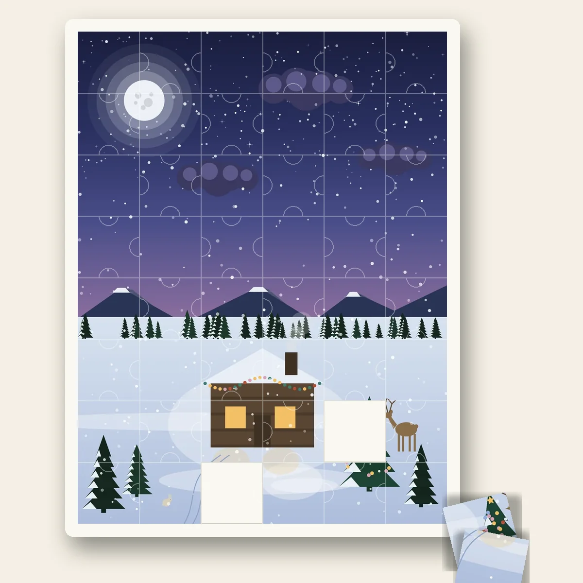 Christmas Cabin shown as a jigsaw puzzle with pieces