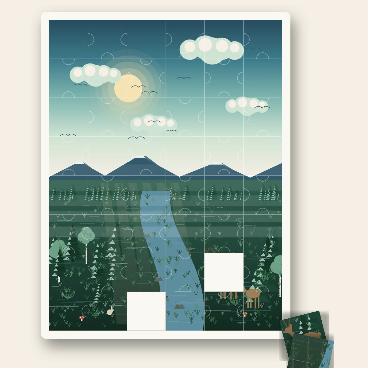 Morning Pines shown as a jigsaw puzzle with pieces