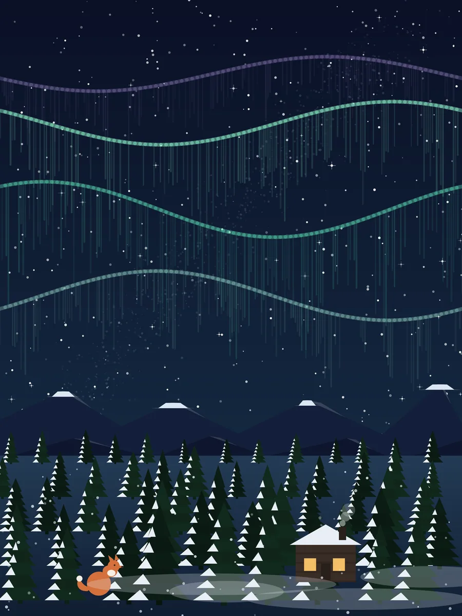 Northern Pines full artwork, Aurora curtains over a snowy forest, a fox out late to watch.